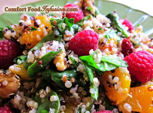 Quinoa Spinach and Raspberry Salad. An infusion of a super food grain, a super foods salad, and a super tasty raspberry vinaigrette.