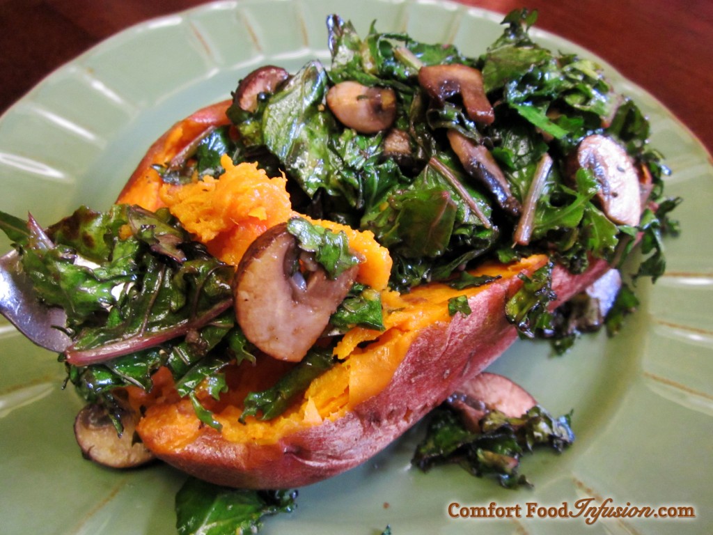 Sweet potato topped with kale, mushrooms and a citrus balsamic glaze.