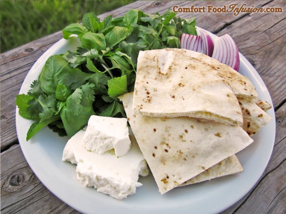 Greens and Feta with Pita. A simple snack, or even a substantial meal.