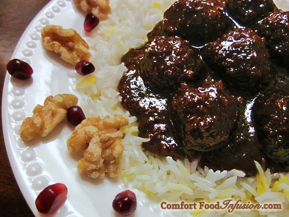 Pomegranate Walnut and Meatball Stew. (Khoresht Fesenjan) A delightful Persian dish full of wonderfully unique, sweet and sour flavor.