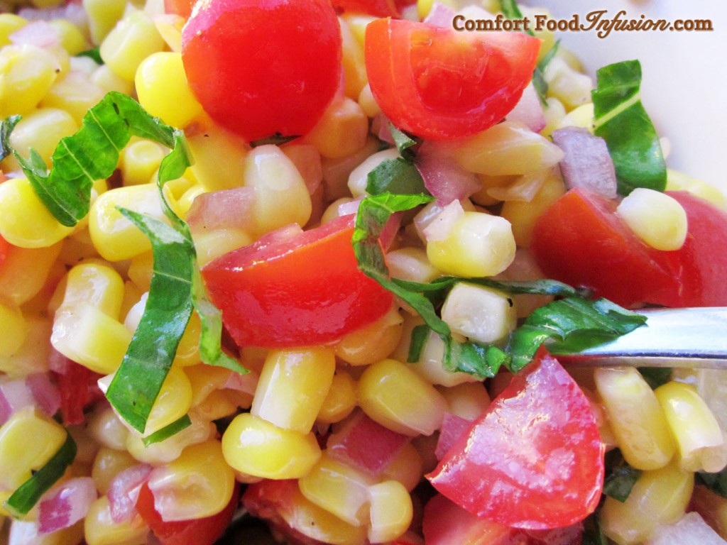 Corn and Tomato Salad. Seasoned with basil and vinegar.