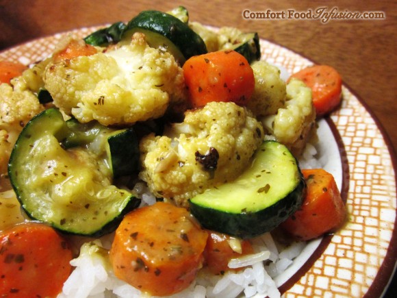 Roasted Vegetables topped with Trader Joe's Green Curry Sauce.