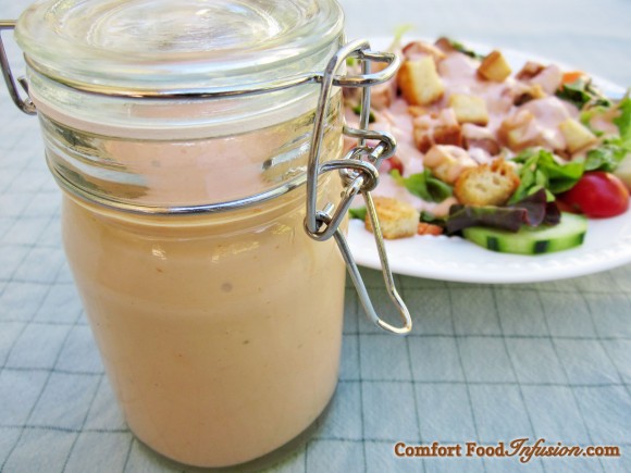 Thousand Island Dressing. Made with ketchup, mayonnaise and relish. (Vegan options).