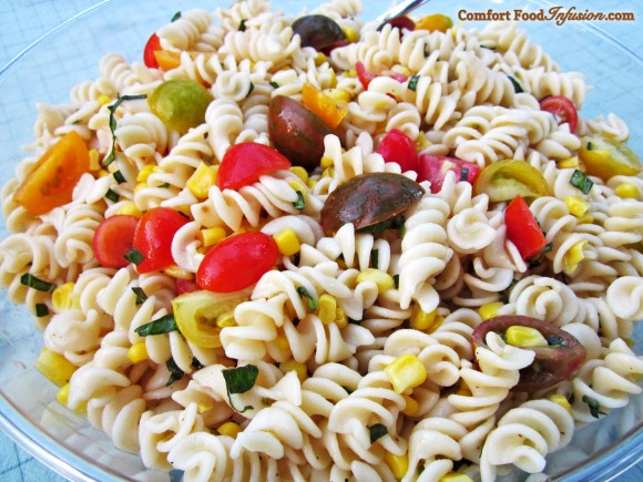 Tomato and Corn Pasta. Heirloom tomatoes for character, basil and vinegar for flavor.