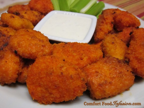 Buffalo Chicken Bites. Baked breast pieces dipped in a classic cayenne pepper sauce.