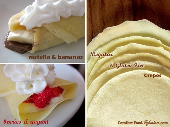 Crepes. Super thin fill-able pancakes made with gluten free or regular flour.