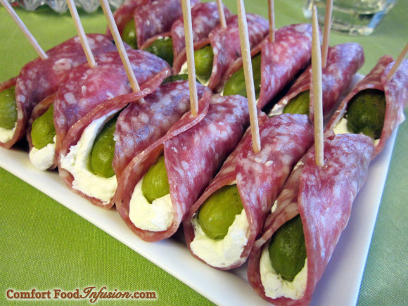 Pickles in a blanket. Mini dill pickles wrapped with cream cheese and salami.
