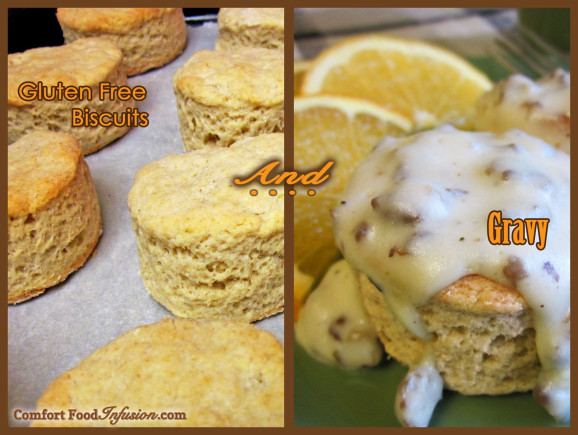 Fluffy biscuits can be made gluten free or regular. Homemade gravy tops them deliciously.