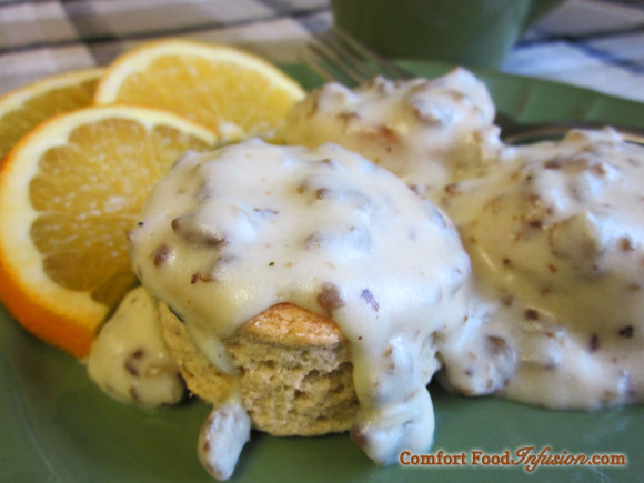 Sausage gravy over biscuits. Can be made gluten free.